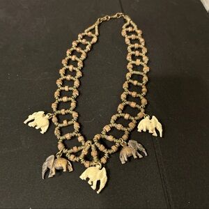 East African Hand Carved wire and wood Elephant Charm Necklace in Gold and Brown